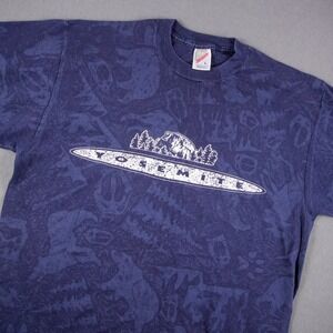 Vintage 90s Yosemite National Park Jerzees Graphic T Shirt Mens L Bear Trees AOP